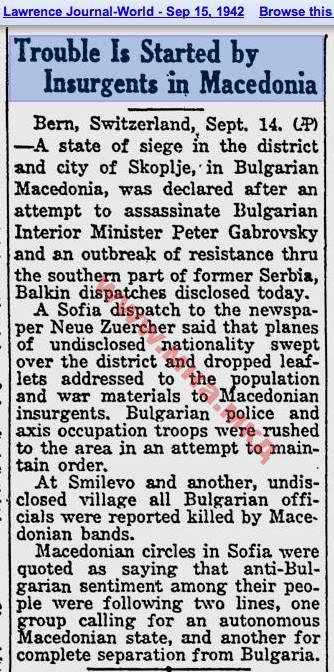 1942.09.15_Lawrence Journal Word – Trouble Is Started by Insurgents in Macedonia, Bern, Switzerland