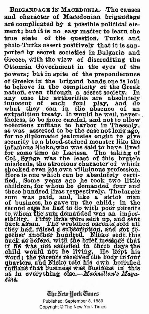 1889.09.08_The New York Times – Brigandage in Macedonia 1889.09.08_The New York Times - Brigandage in Macedonia