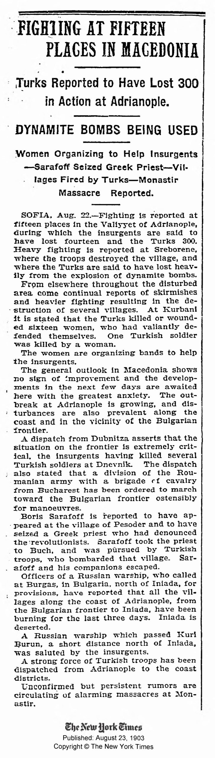 1903.08.23_The New York Times - Fighting at 15 places in Macedonia