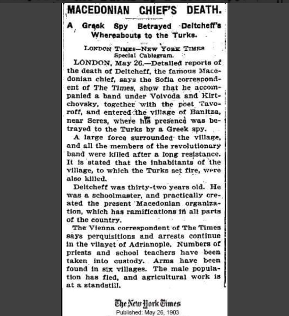 1903.05.26_The New York Times - Грчки шпион го предаде Гоце Делчев