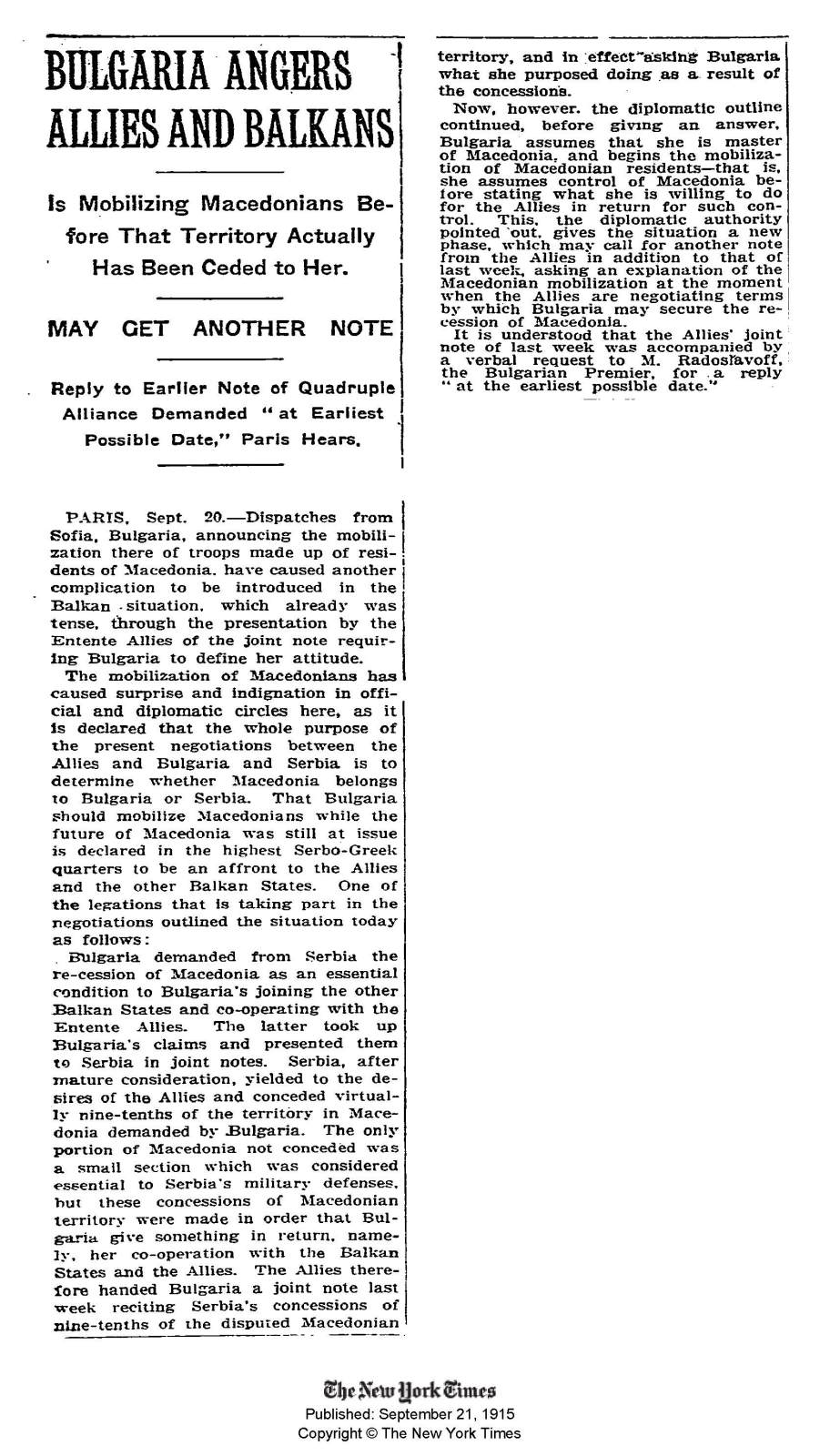 1915.09.21_The New York Times - Bulgaria anger allies and Balkans