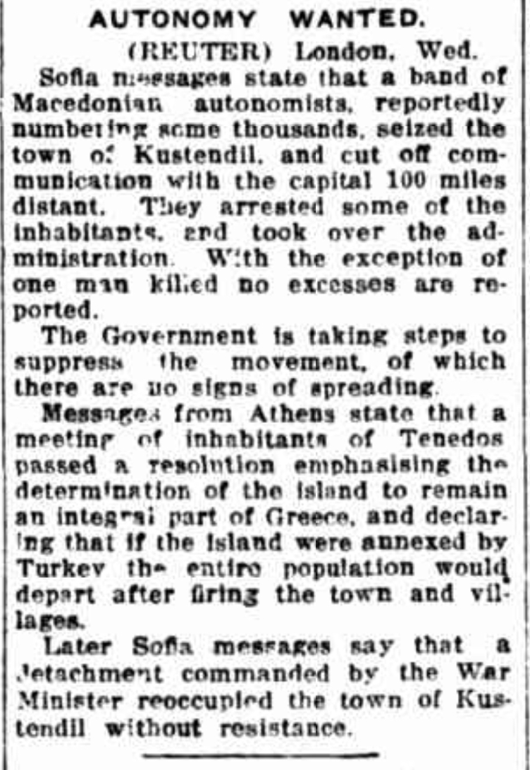 1922.12.07_The Daily Standard, Brisbane, Australia (Ethnic Macedonian uprising in Bulgaria)