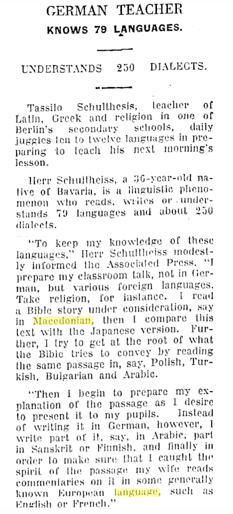 1928.01.06_Waikato Times – German teacher knows 79 languages, p9 1928.01.06_Waikato Times - German teacher knows 79 languages, p9