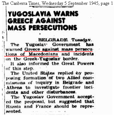 1945.09.05_Canberra Times – Yugoslavia warns Greece against mass persecutions, p01 1945.09.05_Canberra Times - Yugoslavia warns Greece against mass persecutions, p01