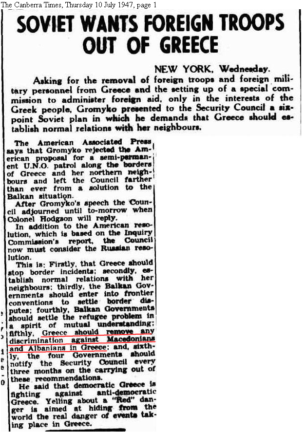 1947.07.10_Canberra Times – Soviet wants foreign troops out of Greece, p01 1947.07.10_Canberra Times - Soviet wants foreign troops out of Greece, p01