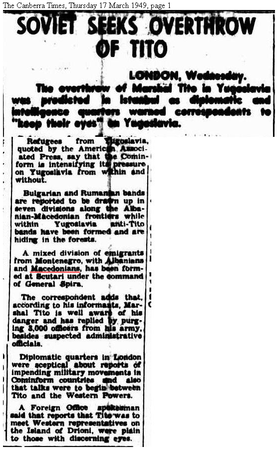 1949.03.17_Canberra Times – Soviets seeks overthrow of Tito, p01 1949.03.17_Canberra Times - Soviets seeks overthrow of Tito, p01