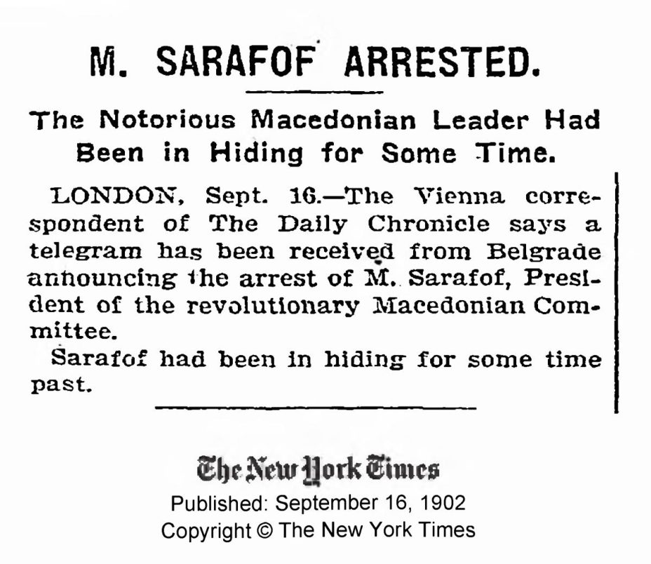 1902.09.16_The New York Times - M. Sarafof Arrested