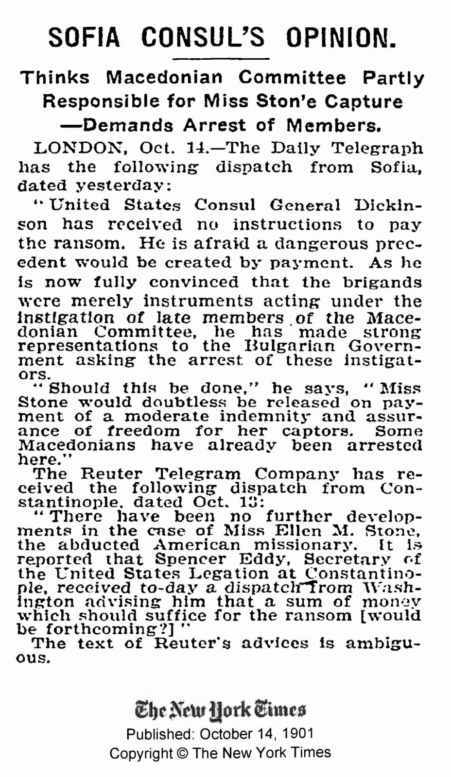 1901.10.14_The New York Times - Sofia consul's demands arrest of Macedonians