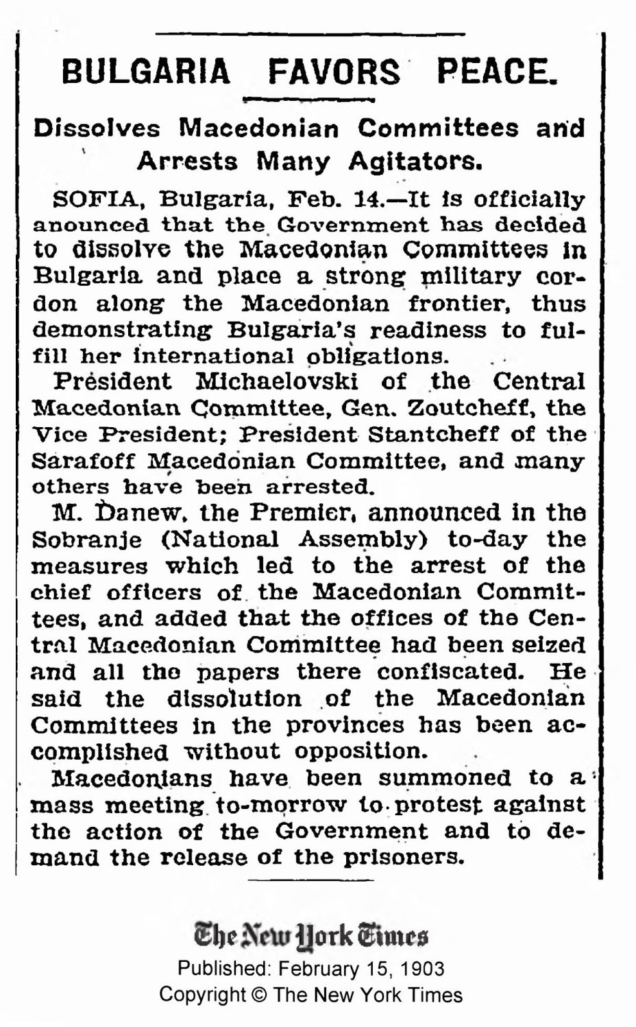 1903.02.15_The New York Times – Bulgaria against IMRO 1903.02.15_The New York Times - Bulgaria against IMRO