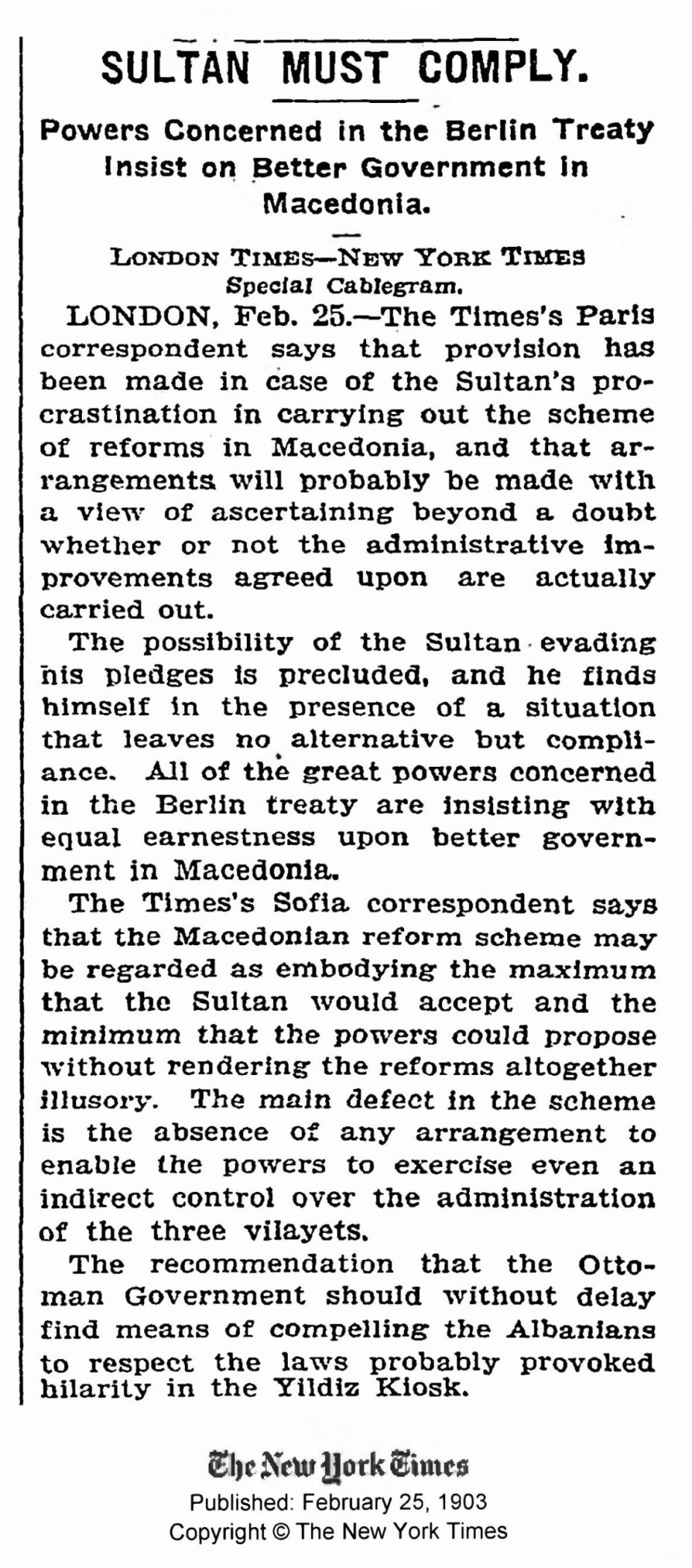 1903.02.25_The New York Times – Sultan must comply 1903.02.25_The New York Times - Sultan must comply