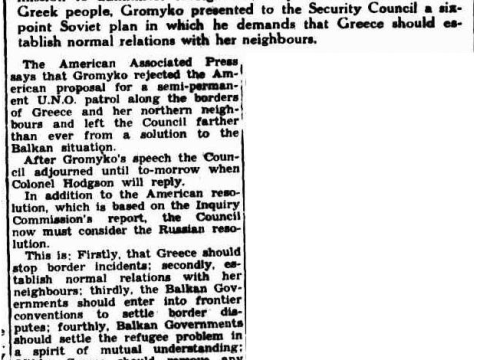 1947.07.10_Canberra Times - Soviet wants foreign troops out of Greece, p01